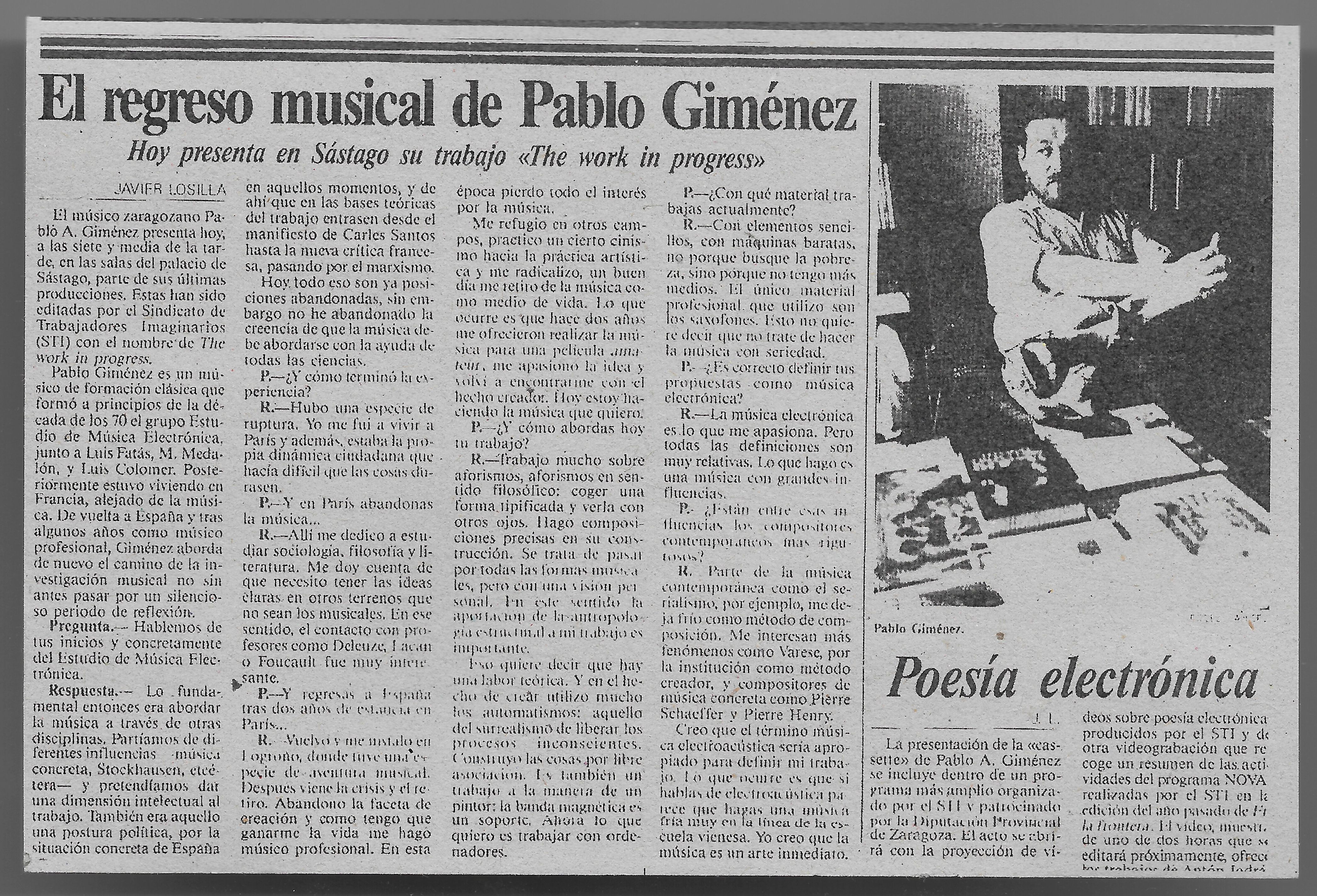 Javier Losilla’s original interview to Pablo A. Giménez for local newspaper